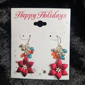 Dangling metal Poinsettia earrings with green & red beads